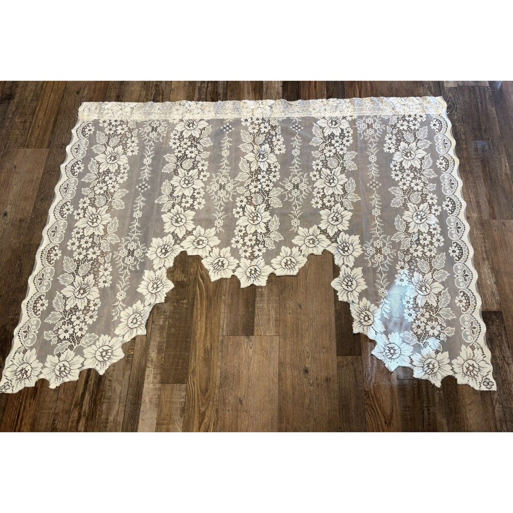 VTG 3 Units Lace Curtains One Piece Swag White 59” x 43”Floral Cottage USA Made
